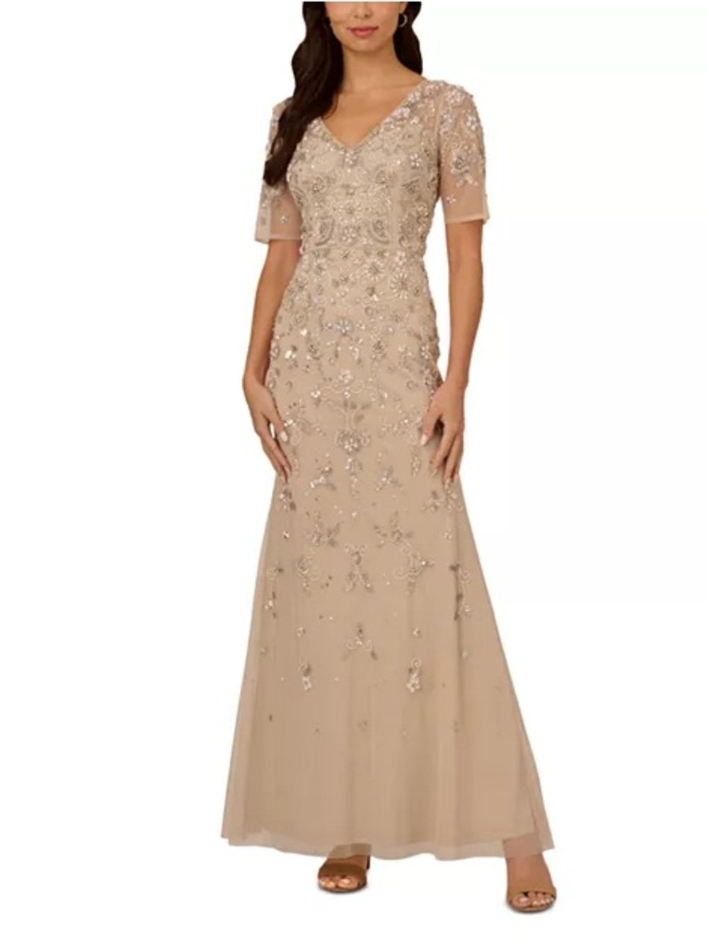 Adrianna Papell Champagne Beaded V-Neck Maxi Gown